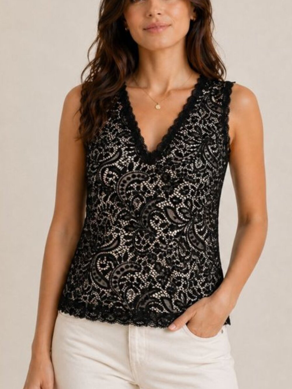 Black Lace V-Neck Sleeveless Blouse